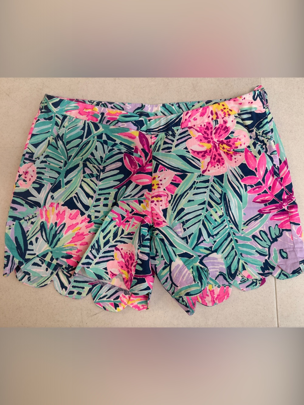 Lilly Pulitzer Tropical Floral Scallop Hem Shorts in Pink, Green, Blue